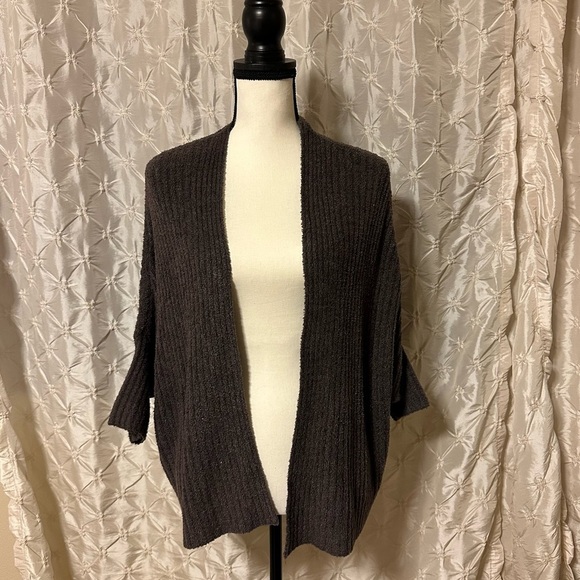 Barefoot Dreams CozyChic Lite Ribbed Shrug Cardigan Dolman Open Front Brown Gray - Picture 2 of 10